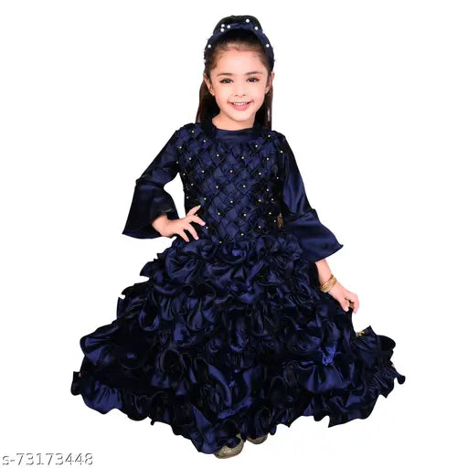 Blue long-gown dress with embroidered floral design and puff sleeves