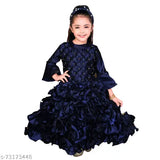 Blue long-gown dress with embroidered floral design and puff sleeves