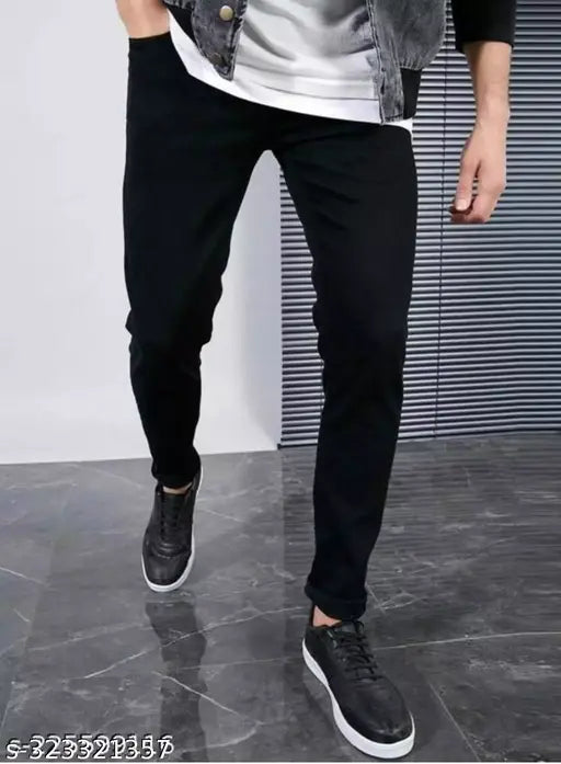 Black denim ruff and tuff jeans, solid black, size 28, 30, or 32. Indian-made durable jeans on display