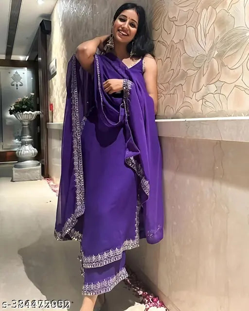 Georgette women's set of 3kuris in purple with beige embroidery