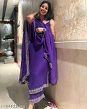 Georgette women's set of 3kuris in purple with beige embroidery