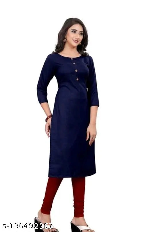 Navy Blue Rayon Boat Neck Kurti with Three-Quarter Sleeves, self-design pattern, India origin