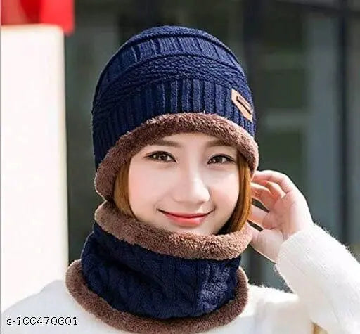Navy Blue textured acrylic unisex winter balaclava cap with neck warmer scarf - KANEEKSHI, India origin
