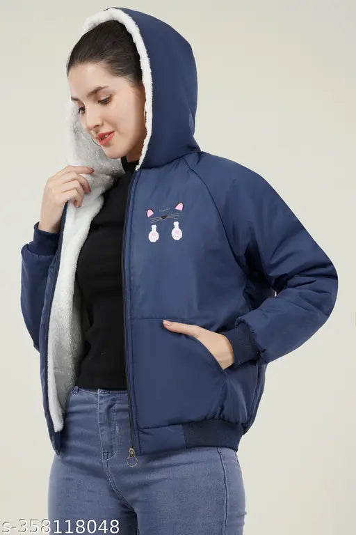 Nylon printed net puffer jacket with hoodie, fur-lined, long sleeves for women - Deshi Girl presents new winter bomber jacket