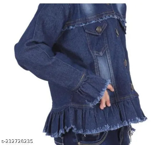 Dark denim jacket with light blue jean cuffs and ruffled hem
