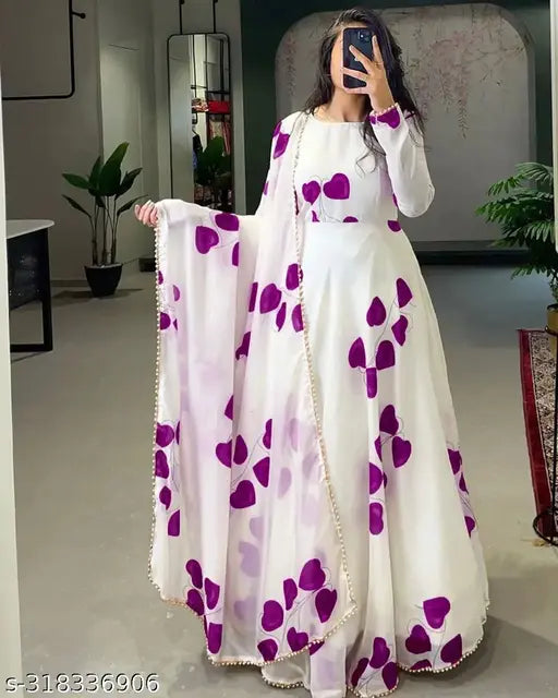 Georgette printed long-sleeved anarkali gown for women's wedding partywear, India
