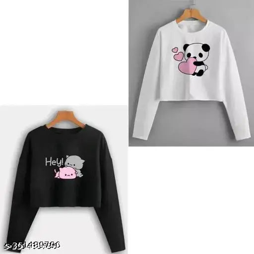 Black cotton blend crop top combo pack, featuring printed boxy styles with long sleeves. Great for summer vacations, machine washable