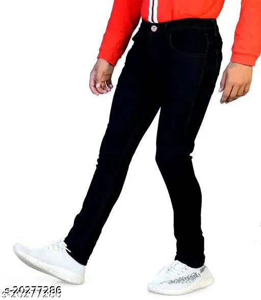 Cotton blend trendy jeans for men, solid black denim, size options available