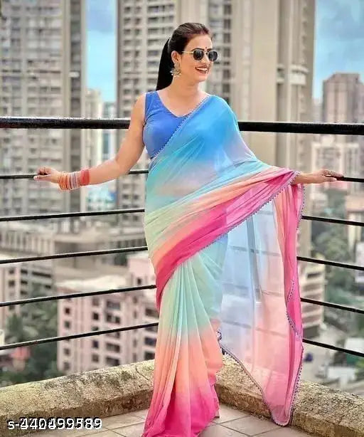 Georgette party wear saree, multicolored stripes, knee length