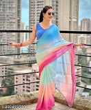 Georgette party wear saree, multicolored stripes, knee length