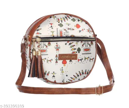White satin sling bag for women with brown tassels and a black strap