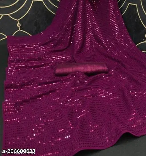 Purple sequin bridal saree draped over a cushion