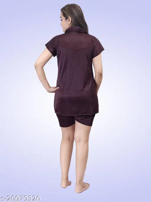 Brown dot printed satin Ansh Collection latest women's short nightsuit, comfortable loungewear for home wear