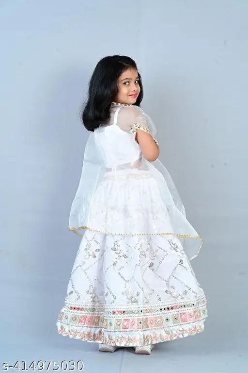 White heavy embroidered Brocade ethnic Lehenga choli for small girls, handcrafted silk blend and georgette dress with zari stitching