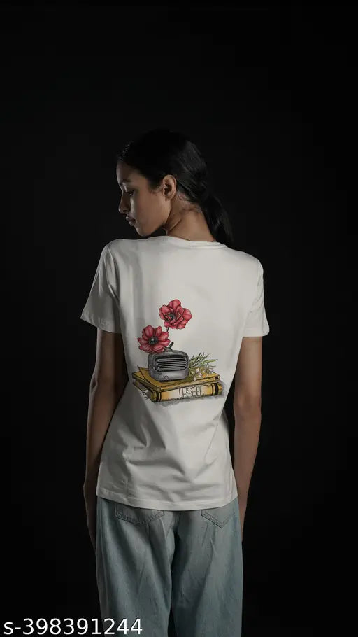 White tee with floral design, women's t-shirt by Eksdee brand
