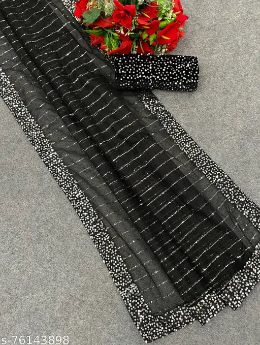 Unique design sequins work net saree with separate velvet blouse, Indian ethnic fashion