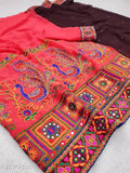 Brown and pink Georgette sari with embroidered work, half and half design