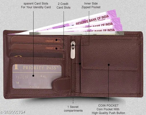 Brown textured faux leather bi-fold wallet for men, features 9 card slots, 2 transparent card slots, 2 cash compartments, 1 coin slot, and snap button lock. Made in India
