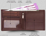 Brown textured faux leather bi-fold wallet for men, features 9 card slots, 2 transparent card slots, 2 cash compartments, 1 coin slot, and snap button lock. Made in India