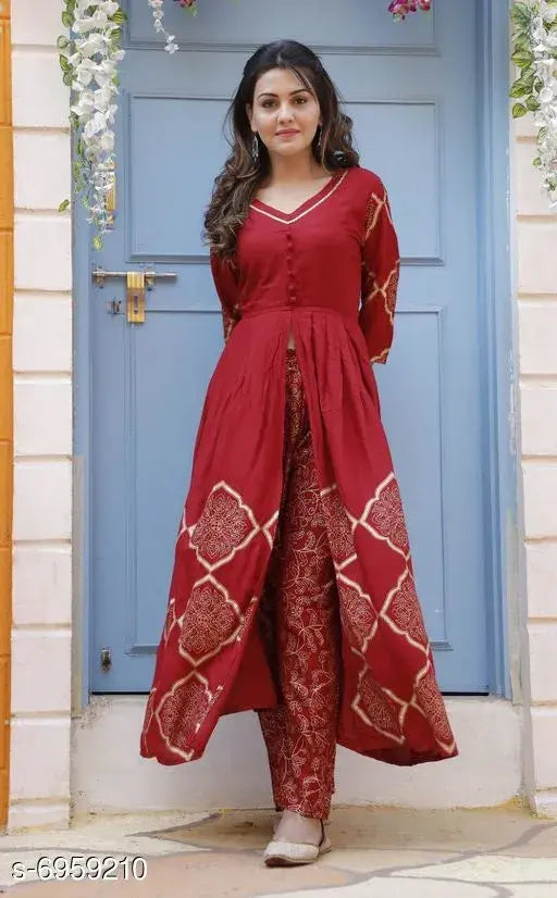 Rayon women's printed net kurta sets with pants, three-quarter sleeves, XL & XXL sizes from India