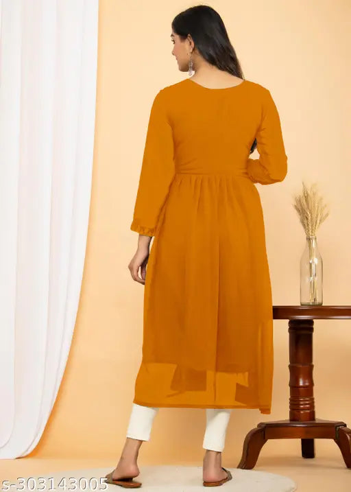 Georgette Naira cut embroidered kurti, three-quarter sleeves, single solid color, women's formal wear from India