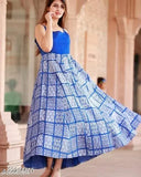 White rayon anarkali kurta with blue print, three-quarter sleeves, perfect for Indian festivals or special occasions