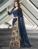 Blue silk saree with pallu, floral border, worn by woman