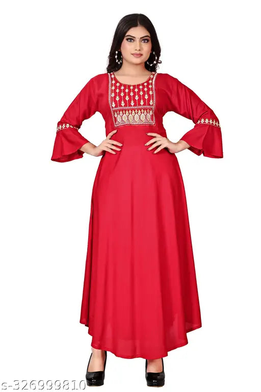 Embroidered rayon ghera kurty with long sleeves, comfortable for all women sizes M-XXL, smooth fabric from India