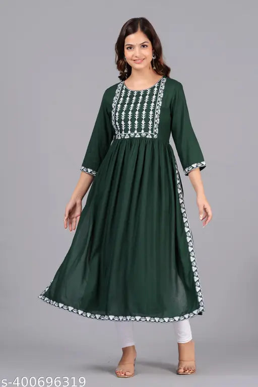 Rayon Naira Cut Embroidery Kurta, solid combo, three-quarter sleeve length