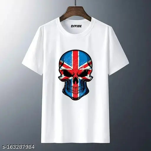 Skull printed white round neck polyester t-shirt, graphic print on short sleeves, size S (36in x 26in), machine washable