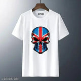 Skull printed white round neck polyester t-shirt, graphic print on short sleeves, size S (36in x 26in), machine washable