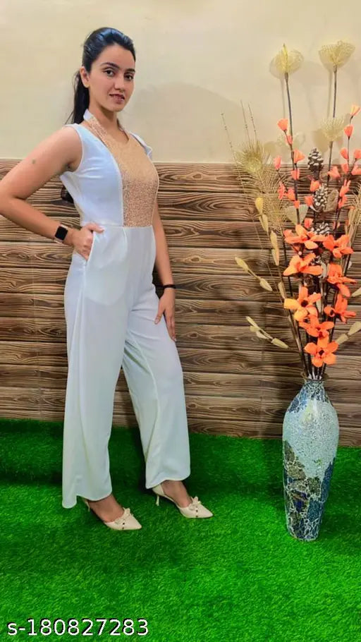 Trendy party wear jumpsuit with sequins, sleeveless polyester jumpsuit with halter neck, cut-out shoulders, and deep v backline, India origin