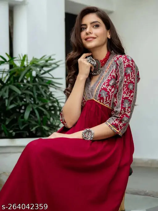 Maroon rayon printed anarkali kurti