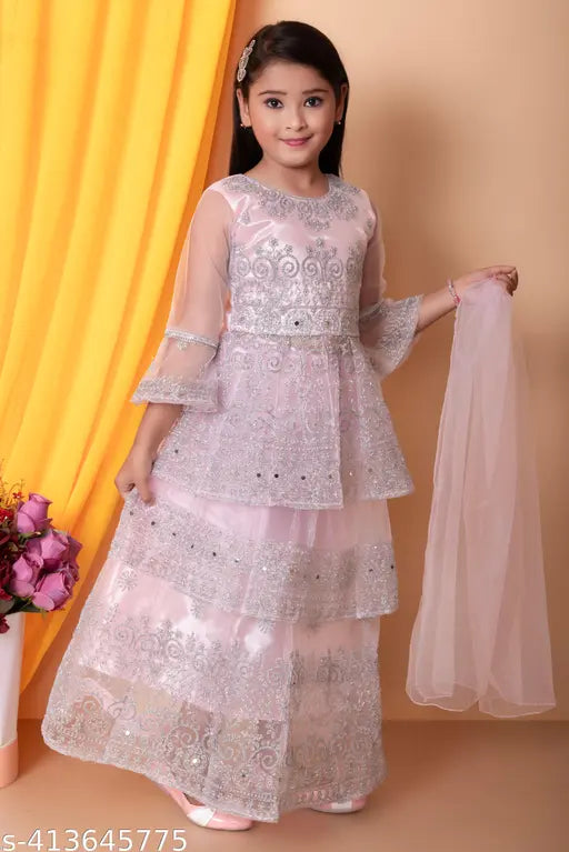 Exquisite embroidered net lehenga with three-quarter sleeves, perfect for girls aged 6-9 years. Stunning traditional party wear from India
