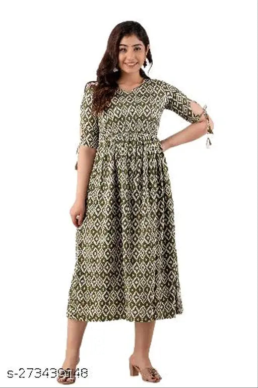 Rayon kameez, khaki, flared anarkali kurta with tassels and elasticated waistband, elbow-length sleeves