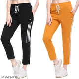 Three different colored athletic track pants for women, featuring elastic waistbands and drawstring closures
