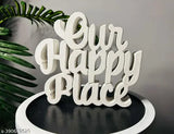 Wooden Decorous Shoppee figurines, 'Our Happy Place' quote showpiece for study table or home decor, Indian craftsmanship