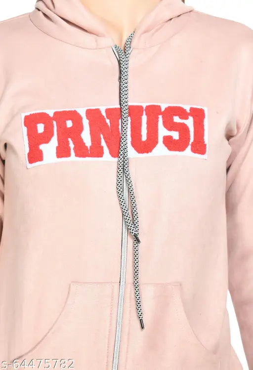 Peach polyester Aphrodite printed full-sleeve hoodie for women on hanger