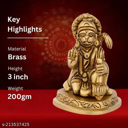Brass sitting Hanuman ji in blessing posture, intricately detailed, 3 inch height for temple car dashboard or home decor