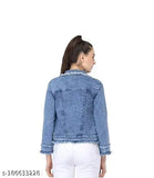Blue denim Women's Teen Patti Jacket Dhol Wash, solid design, long sleeves, Indian origin