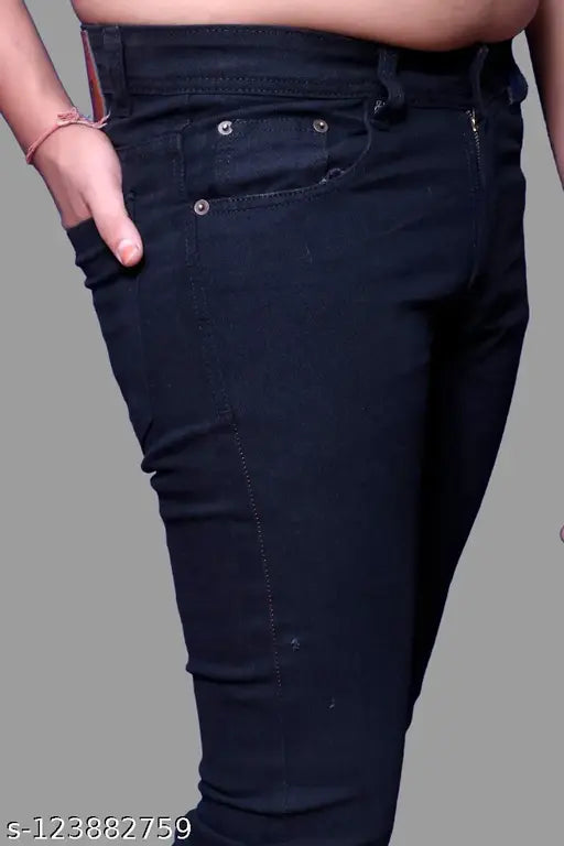 Denim distressed black knee-cut men's slim fit jeans with pockets, Rabezo brand, mid rise, regular fit type, machine washable