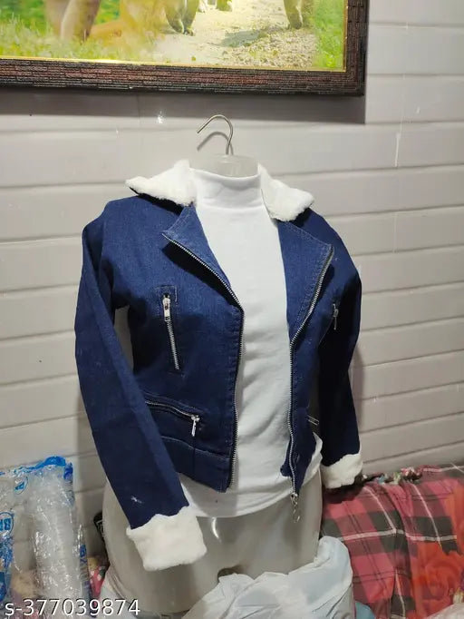 Winter denim fur jacket with white turtleneck, light blue wash denim