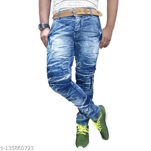 Blue polycotton stretch jeans for active everyday life, dyed/washed pattern, pocketed design