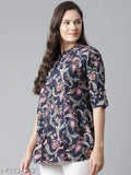 Divena blue printed rayon top, three-quarter sleeves, elegant office wear, apple bottom cut, country of origin: India