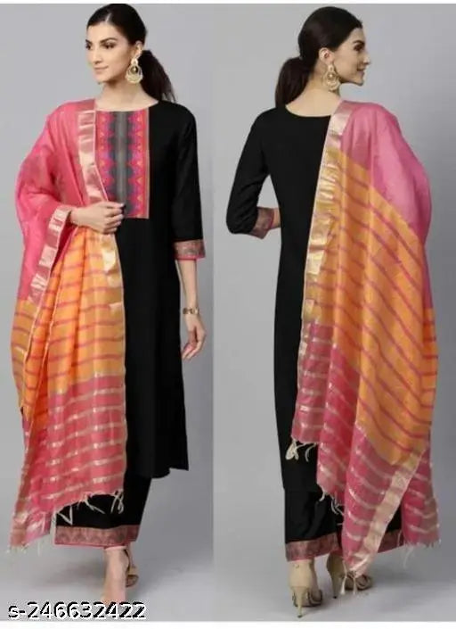 Black cotton slub fabric kurta set with dupatta and bottomwear, solid color, three-quarter sleeves, stitched net, single size available in various dimensions (XS to XXL), Indian origin
