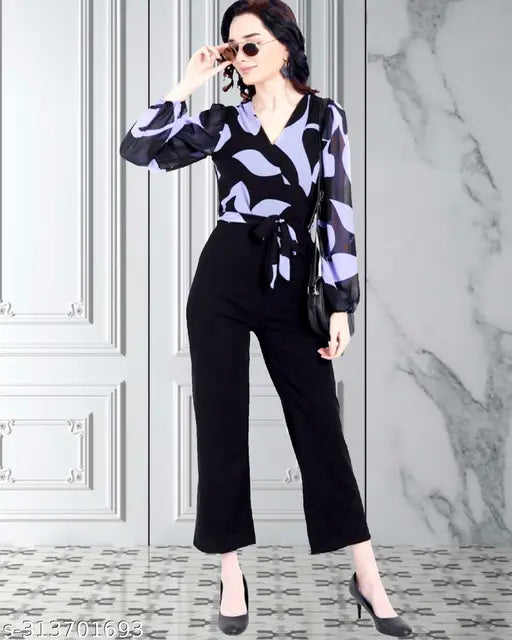 Multicolor georgette floral long jumpsuit for women, size M with long sleeves and printed pattern on display