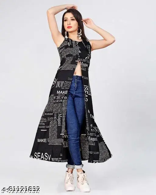Embellished crepe sleeveless long kurti for women, printed design by Riswa, XS-L sizes available