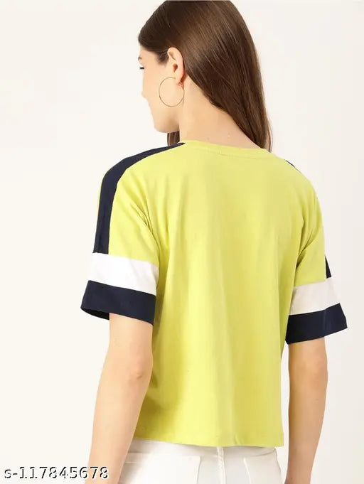 Neon green colorblocked cotton crop top for women and girls, casual daily wear