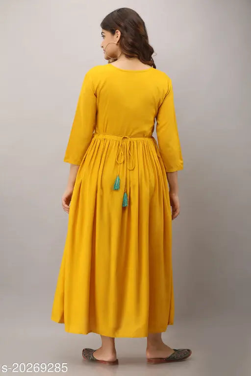 Women's rayon Anarkali embroidered yellow kameez dress, long sleeves, high waist, knee length