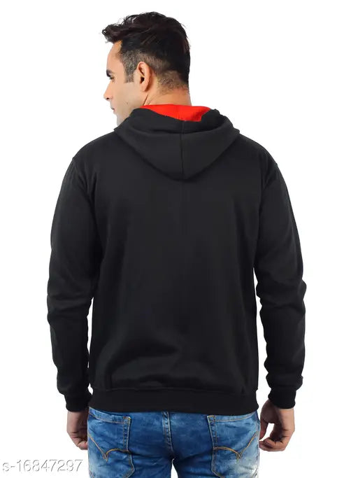 Black cotton blend men's sweatshirt with kangaroo pocket and zip, solid design in size S from Chanda Khuba, India